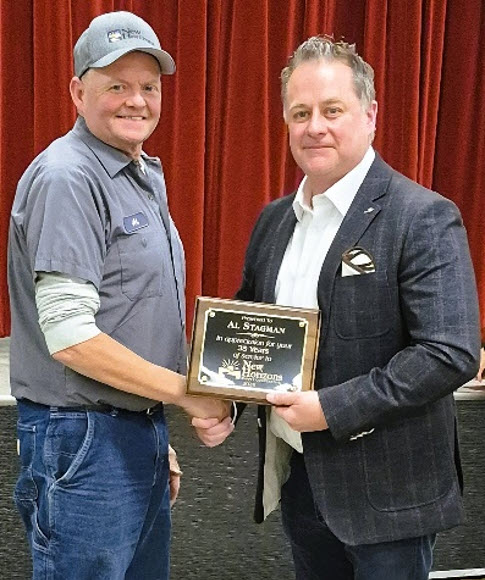 Al Stagman with CEO Jason Cullen and receiving a plaque for 35 Years of Service