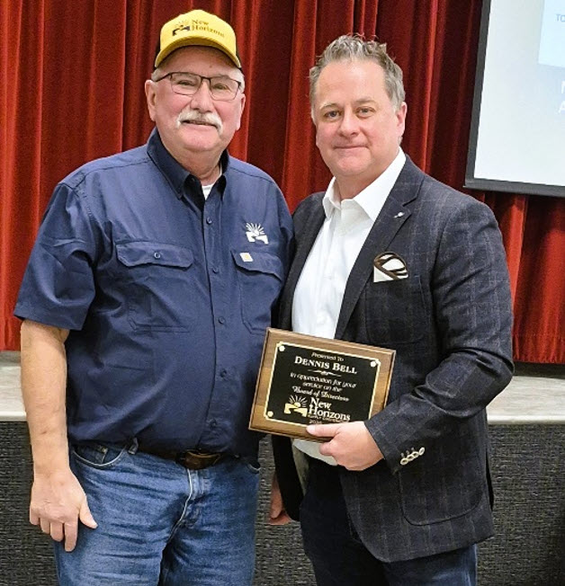 Dennis Bell with CEO Jason Cullen and receiving a Retirement plaque
