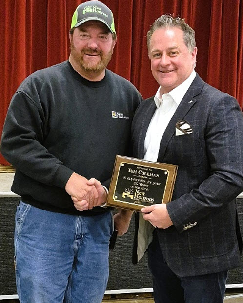 Tom Coleman with CEO Jason Cullen and receiving a plaque for 35 Years of Service